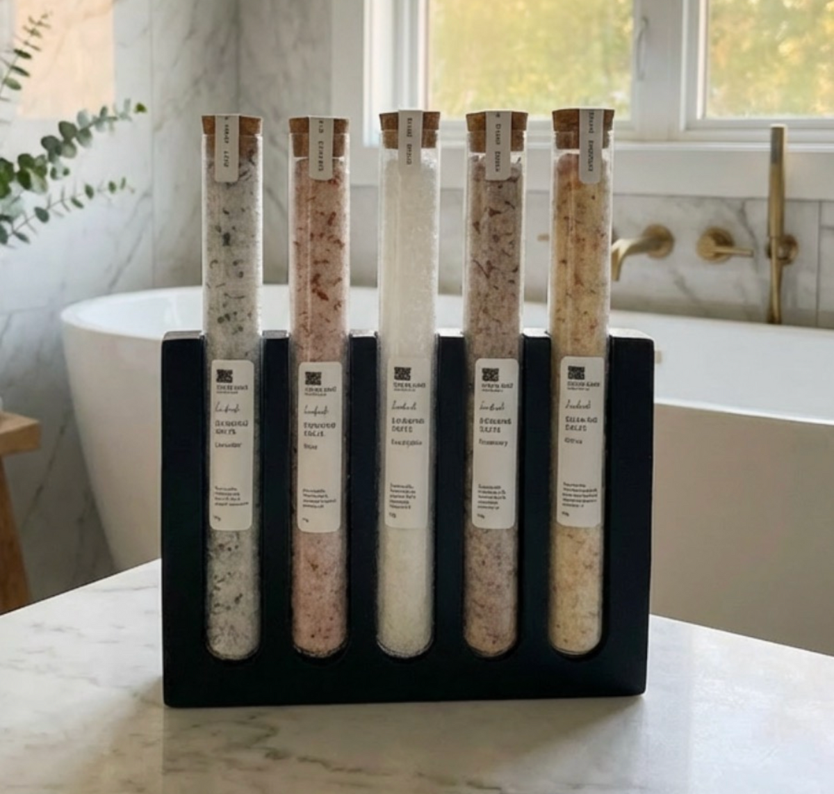 The Après Soak – Botanical Bath Salts Gift Set, 5 Test Tubes with Display Stand